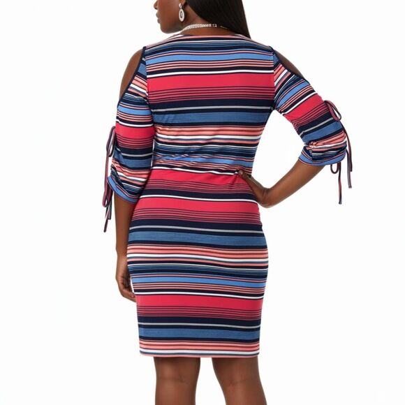 NWOT Cupio Colorful Striped Bodycon Cold Shoulder Dress w/ Tie Sleeves Sz M - Picture 3 of 13